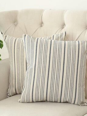 Farmhouse Striped Grey Linen Throw Pillow Covers 18x18 Set